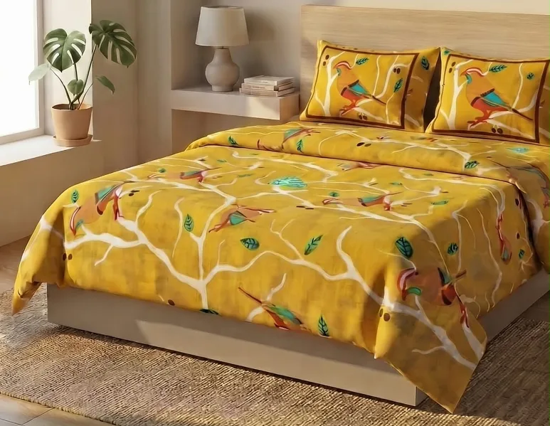 Basanti Chiraiya Hand Block-Printed Cotton Bedsheet Set, King Size 108 x 90
