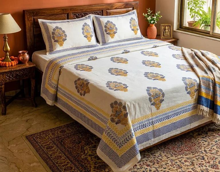 Phooldaan Hand Block-Printed Cotton Bedsheet Set, King Size 108 x 90