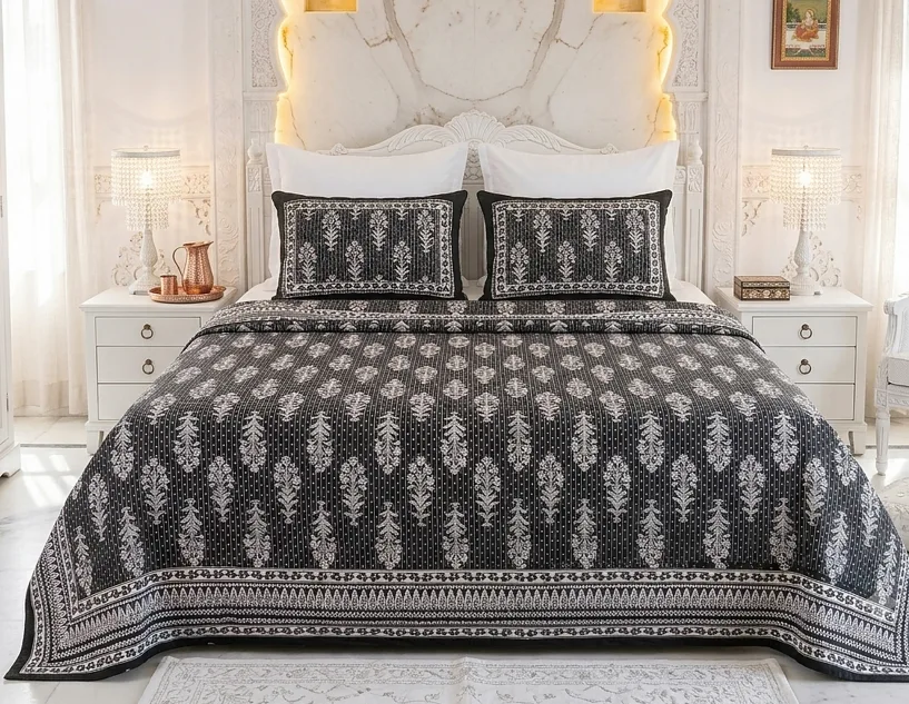 Sheesh Mahal Hand Block-Printed Cotton Bedsheet Set, Super King Size 108 x 108