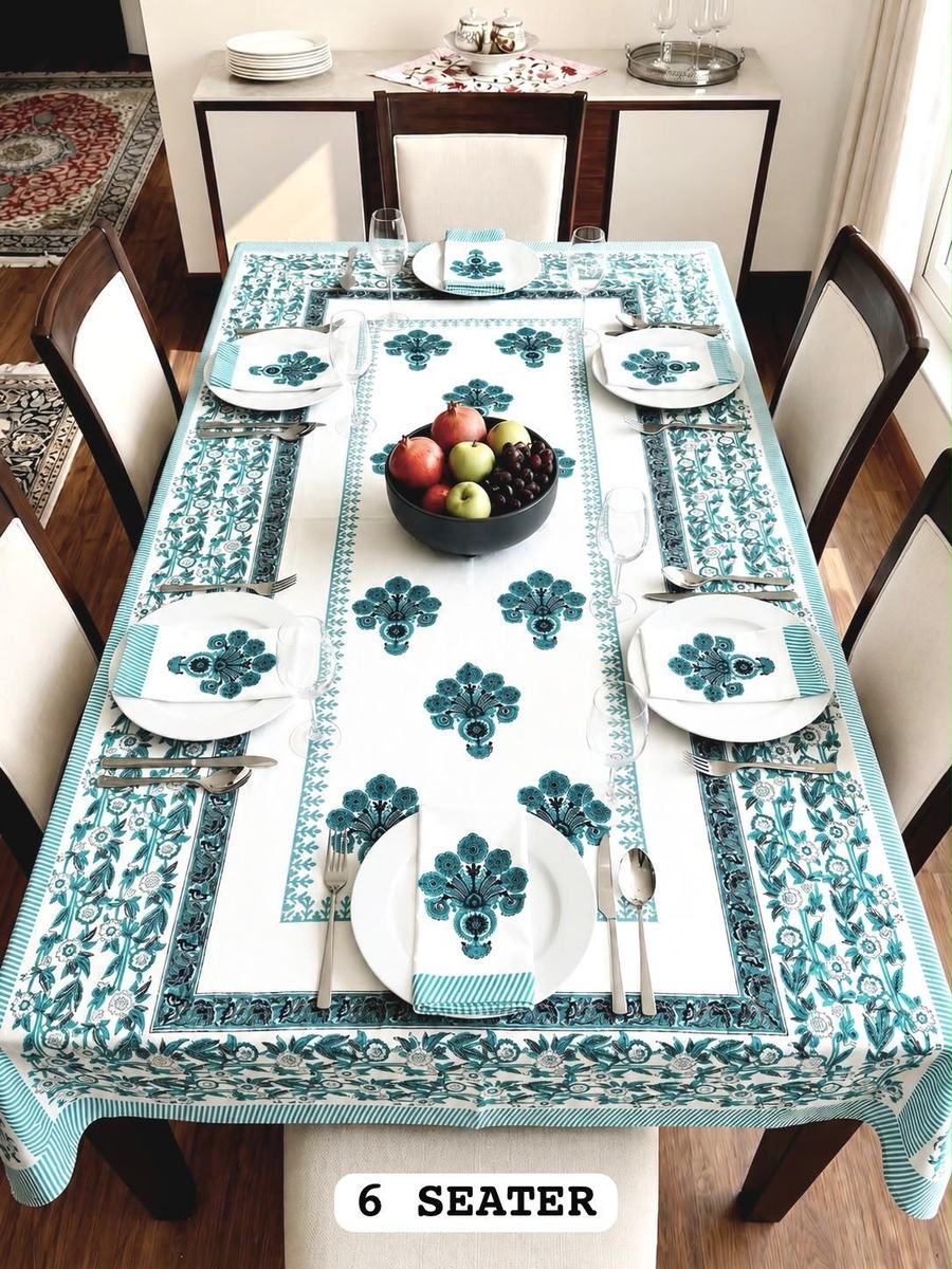 Sagar Phool Rajasthani Waxed Handblock Print Cotton Table Runner Set