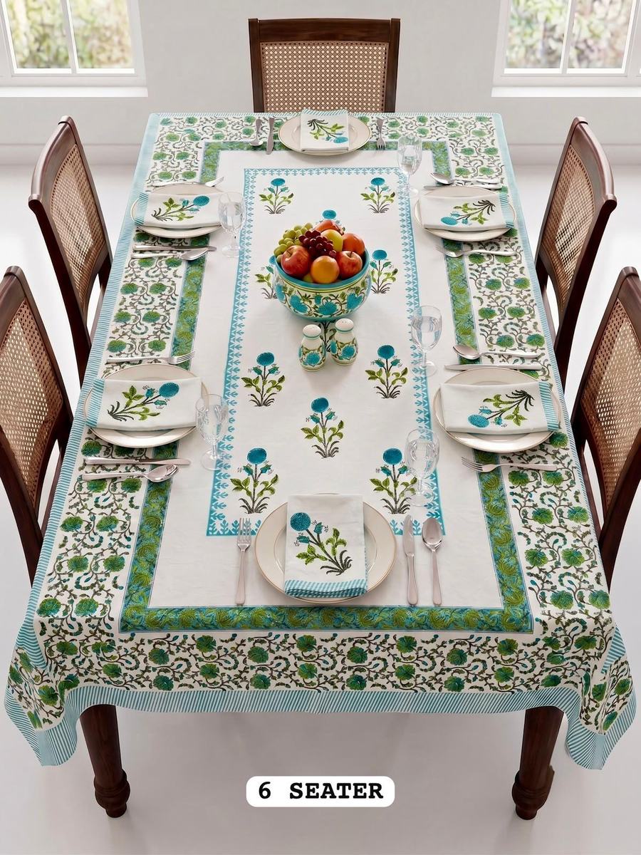 Firoza Phool Rajasthani Waxed Handblock Print Cotton Table Runner Set