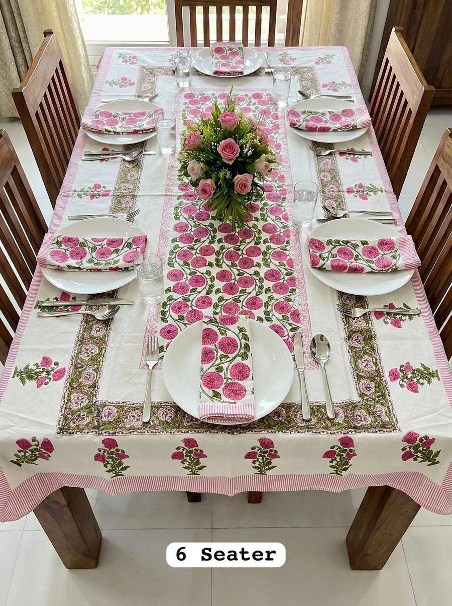 Gulab Bagh Rajasthani Waxed Handblock Print Cotton Table Runner Set