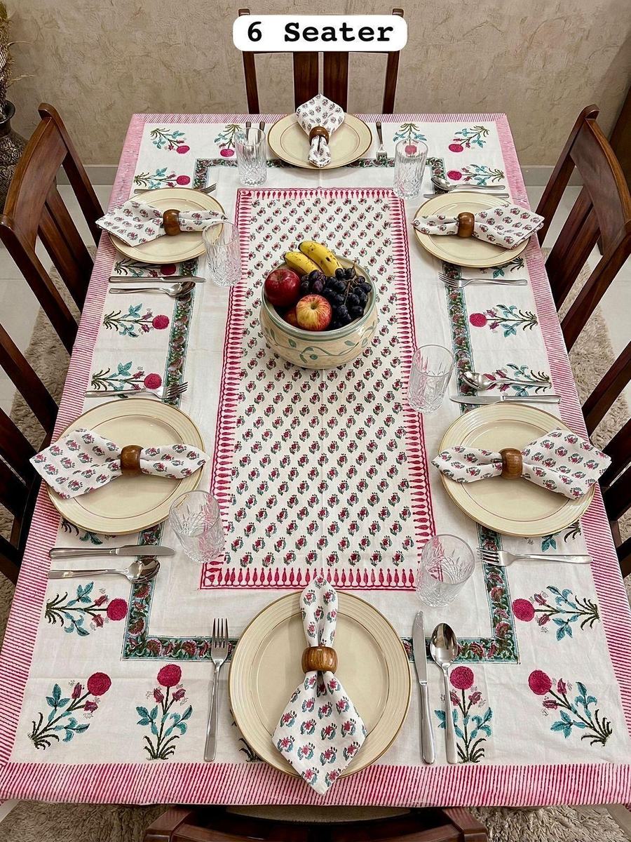 Gulabi Buti Rajasthani Waxed Handblock Print Cotton Table Runner Set