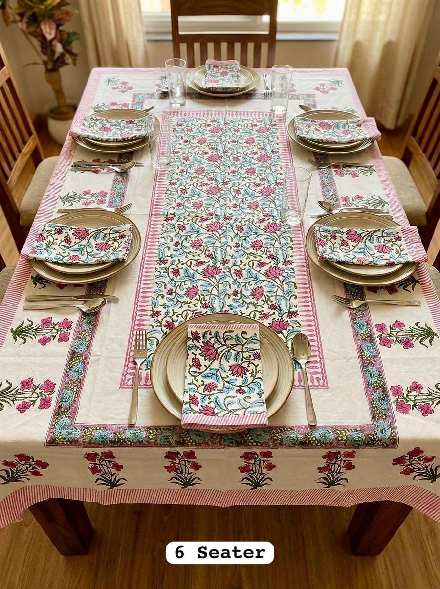 Basant Bahar Rajasthani Waxed Handblock Print Cotton Table Runner Set