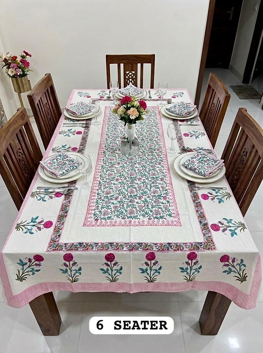 Gulabi Jaal Rajasthani Waxed Handblock Print Cotton Table Runner Set