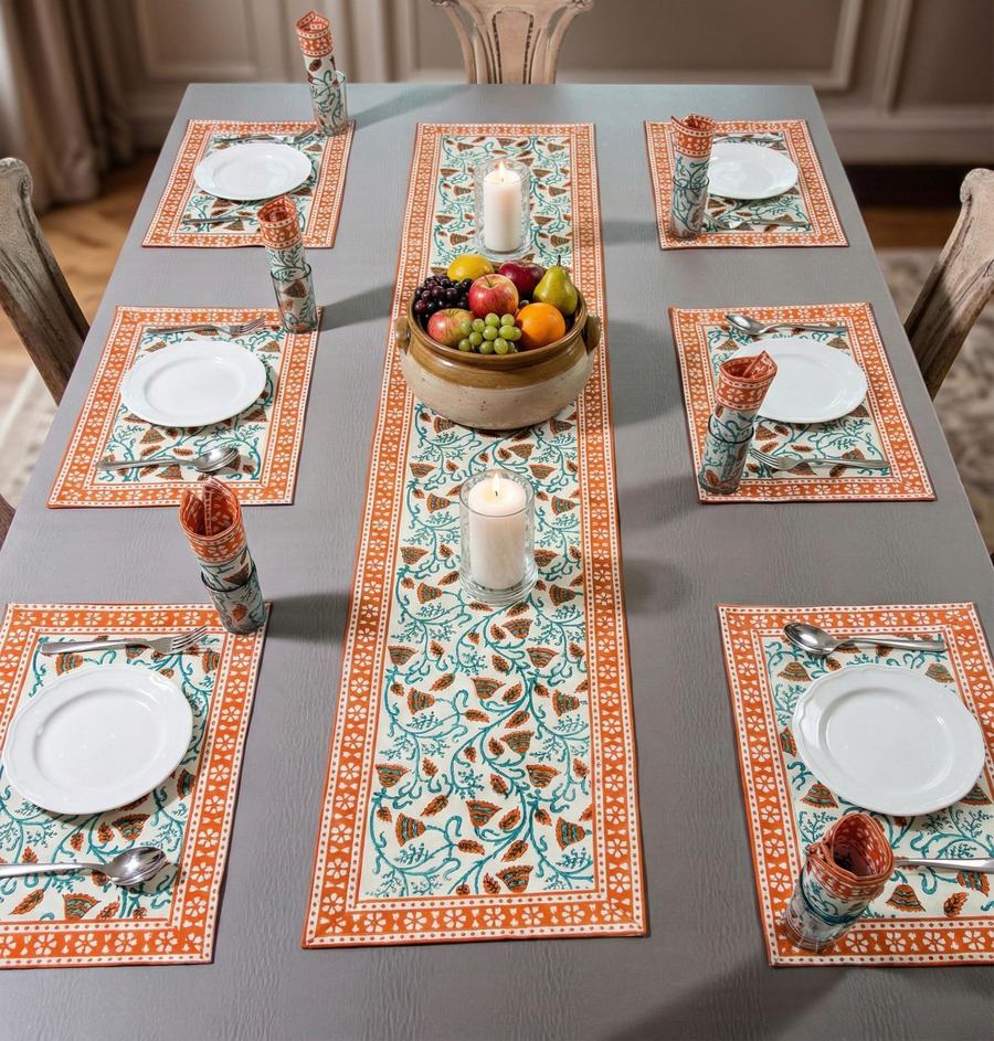 Kesariya Bel Rajasthani Waxed Handblock Print Cotton Table Runner Set