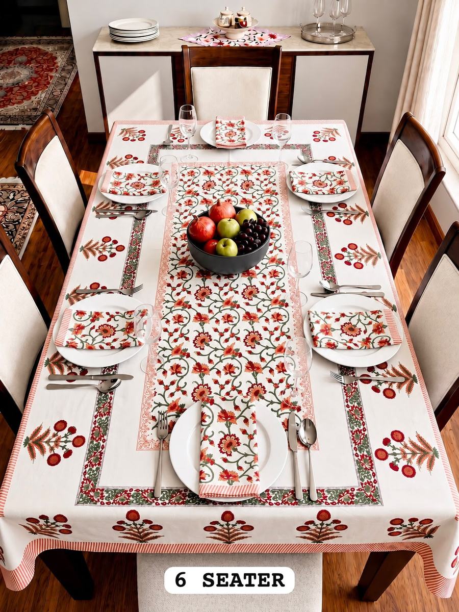 Anaar Bel Rajasthani Waxed Handblock Print Cotton Table Runner Set