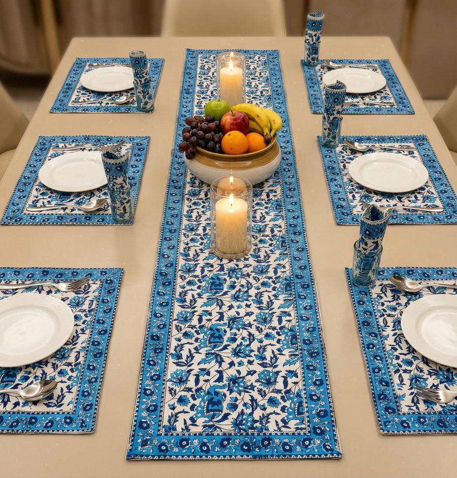Nilambar Rajasthani Waxed Handblock Print Cotton Table Runner Set