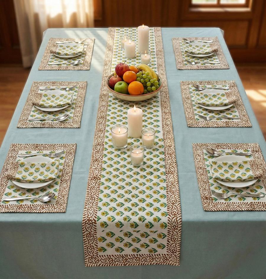 Mehndi Buti Rajasthani Waxed Handblock Print Cotton Table Runner Set