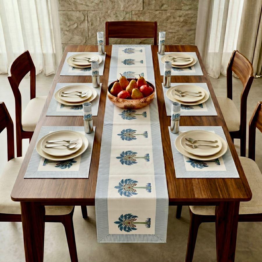 Nila Khajoor Rajasthani Waxed Handblock Print Cotton Table Runner Set