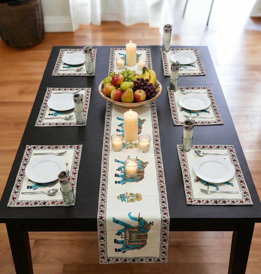 Shahi Sawari Rajasthani Waxed Handblock Print Cotton Table Runner Set