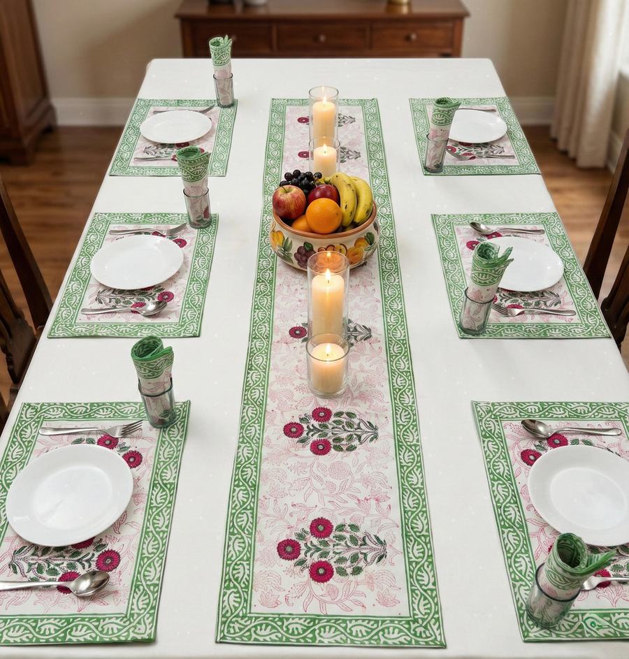 Hariyali Rajasthani Waxed Handblock Print Cotton Table Runner Set
