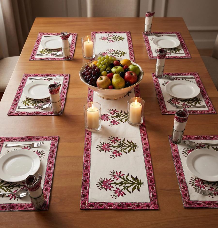 Rani Phool Rajasthani Waxed Handblock Print Cotton Table Runner Set