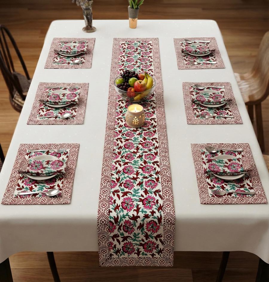 Gulnar Rajasthani Waxed Handblock Print Cotton Table Runner Set