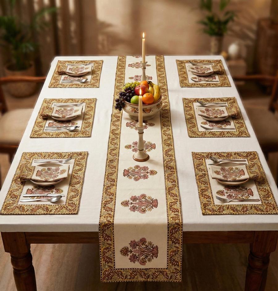 Kesar Bagh Rajasthani Waxed Handblock Print Cotton Table Runner Set