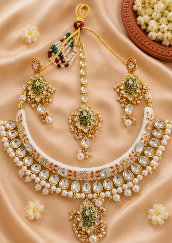 Ethereal Red Rajwadi Kundan Necklace Set