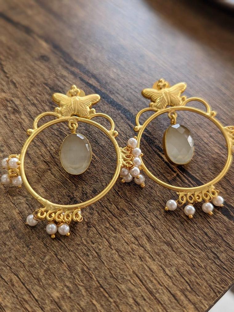 Golden Glow White Monalisa Stone Brass Earrings, photo 2