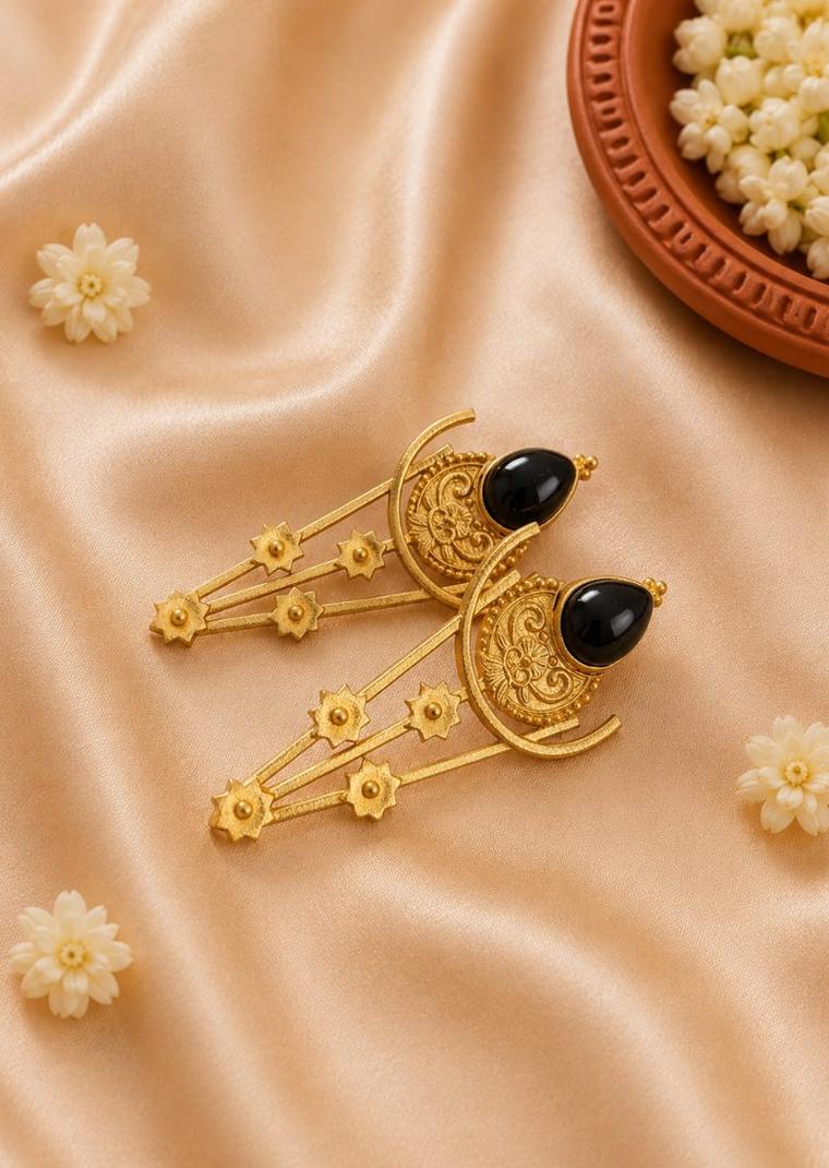 Midnight Elegance Ethnic Brass Stone Earrings | Mookmati