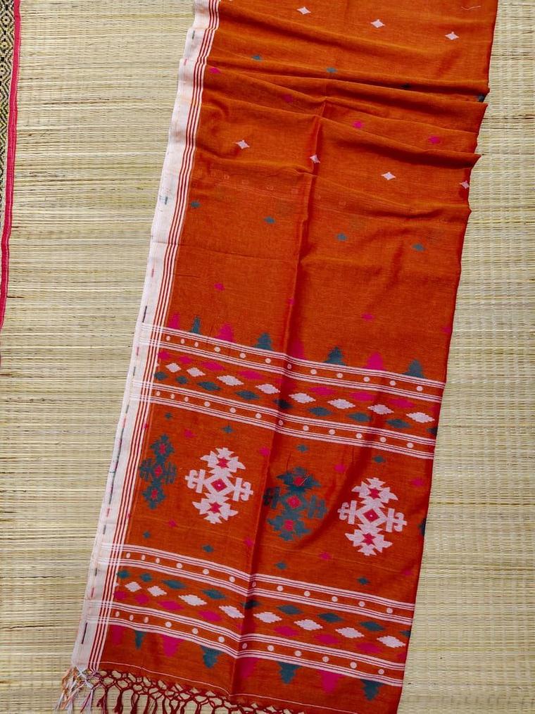 Rust Orange Bengal Cotton Jamdani Saree with Multicolour Buta, photo 2