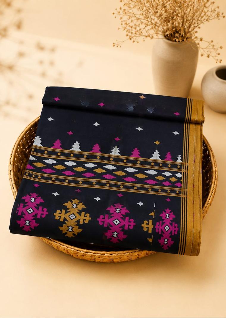 Black Bengal Cotton Jamdani Saree with Multicolour Buta