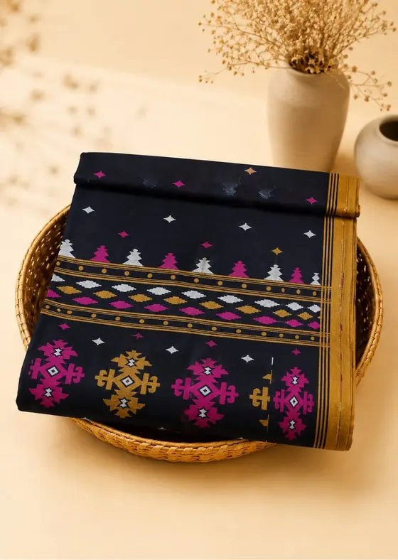 Black Bengal Cotton Jamdani Saree with Multicolour Buta
