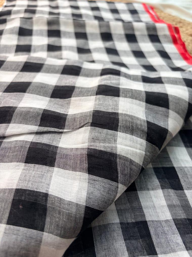 Black & White Bengal Mul Cotton Check Saree with Red Border, photo 2