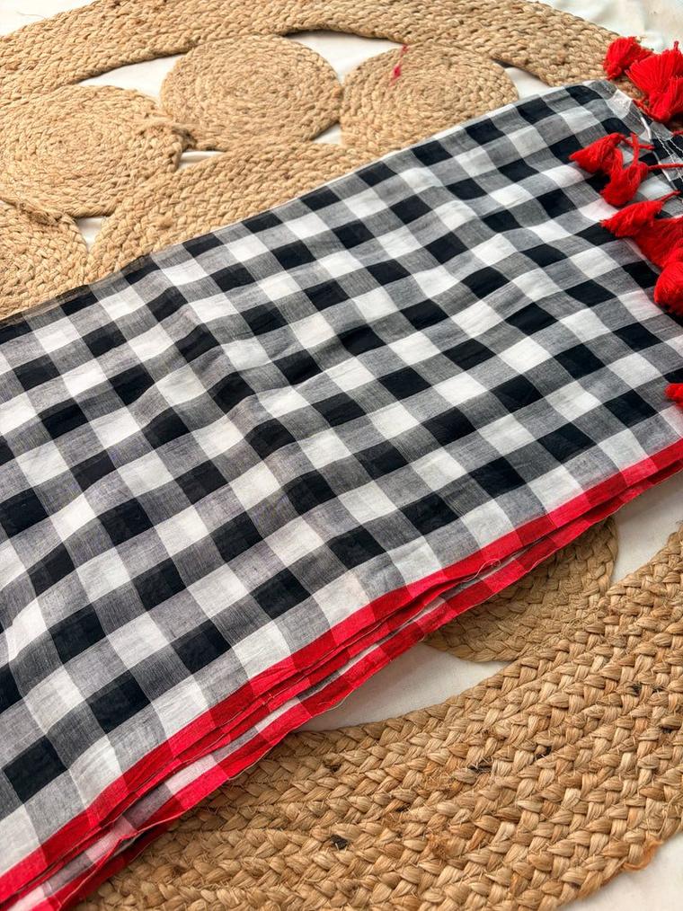Black & White Bengal Mul Cotton Check Saree with Red Border, photo 3