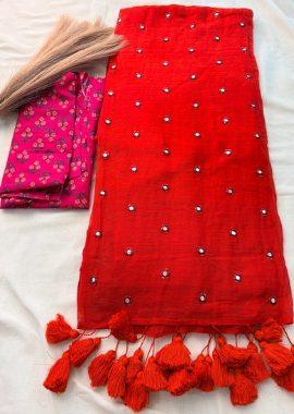 Rust Orange Mirror Glow Soft Bengal Handloom Mul Saree with Rani Pink Block Print Blouse, photo 2