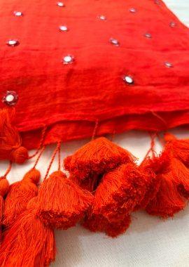 Rust Orange Mirror Glow Soft Bengal Handloom Mul Saree with Rani Pink Block Print Blouse, photo 3