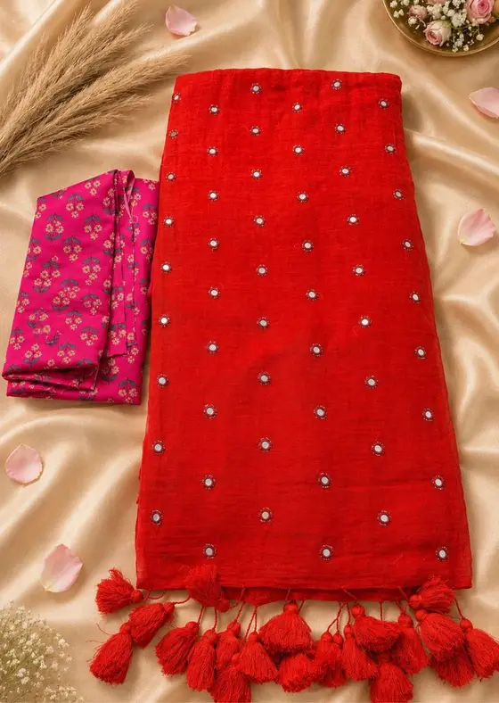 Rust Orange Mirror Glow Soft Bengal Handloom Mul Saree with Rani Pink Block Print Blouse