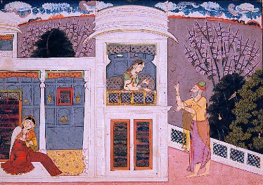 Miniature painting of a royal messenger arriving at a palace